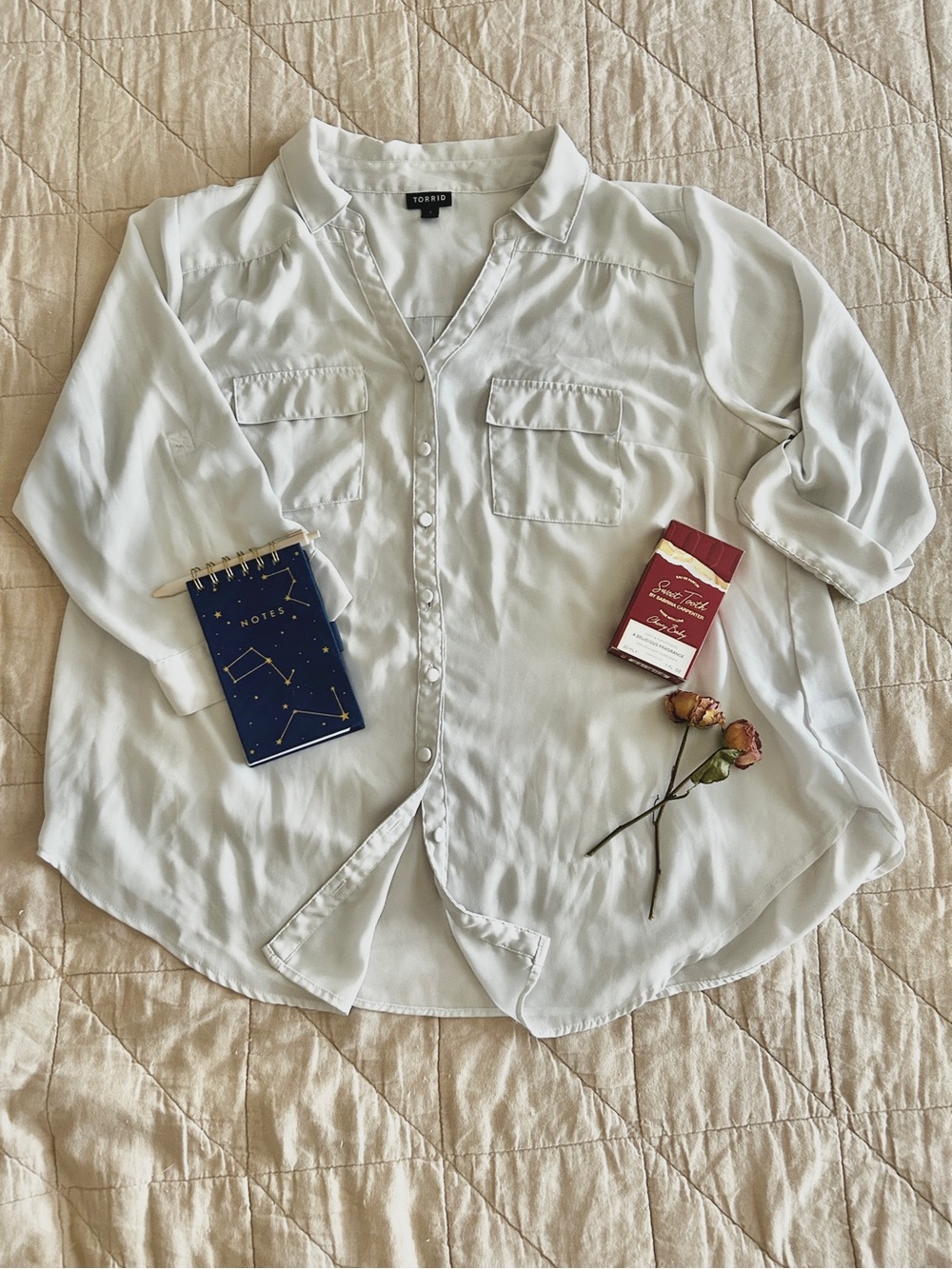 torrid White Long-Sleeve Button-Down Shirt with Chest Pockets